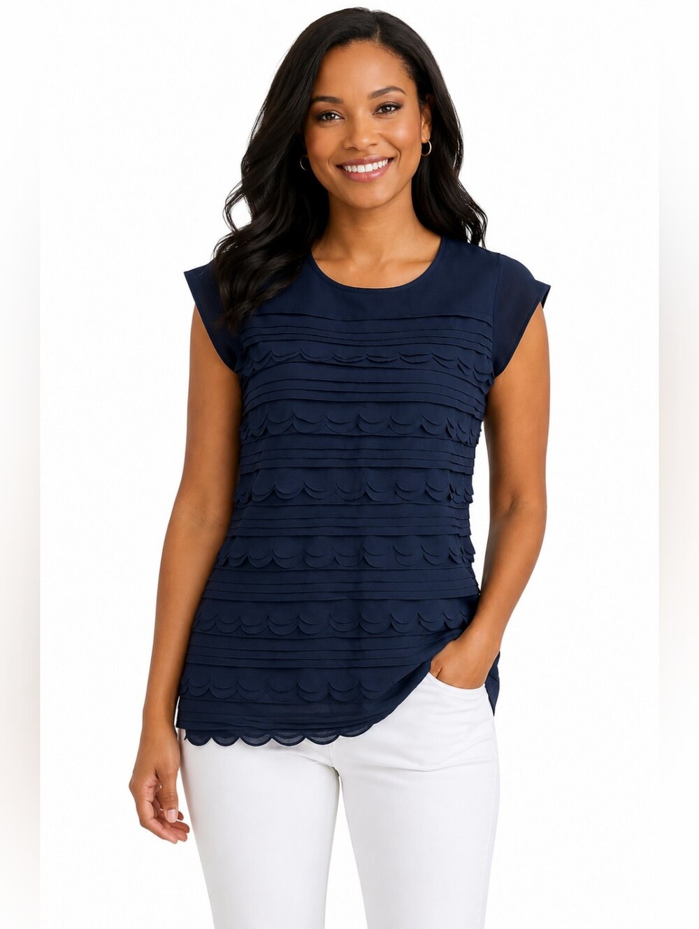 ISAAC MIZRAHI TOP Textured Navy Blue Women's Size XXS
